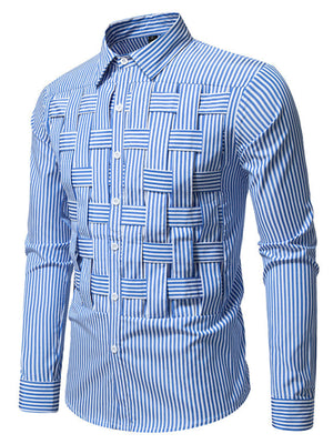 Blue striped button-down shirt with woven front detail