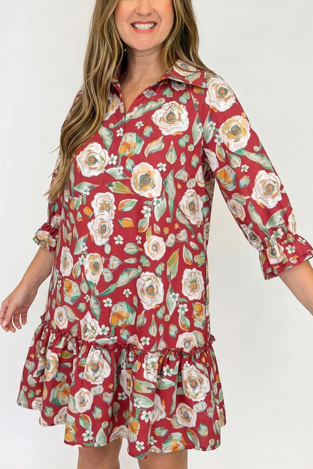 Floral Print Half Sleeve Shift Dress in Rust, close-up detail