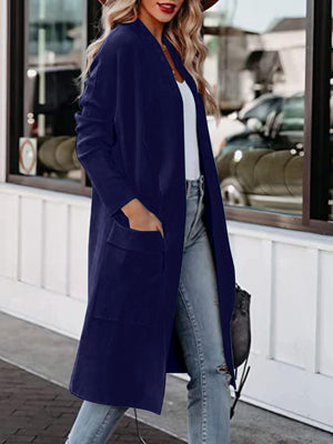 Dark blue relaxed-fit open-front duster cardigan with pockets.
