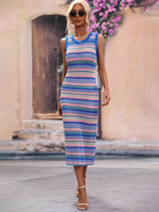 Striped knit sleeveless midi dress with a crew neck and open knit texture.