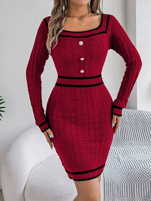 Burgundy ribbed knit bodycon dress with square neckline, button front, and contrast trim.