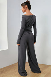 Dark Gray boat neck loungewear set with wide leg pants and long sleeves.