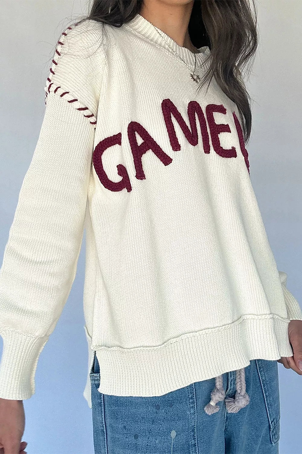 Drop Shoulder Game Day Letter Sweater in White, close-up detail
