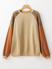 Lace Patchwork Colorblock Sweatshirt in Tan, back view