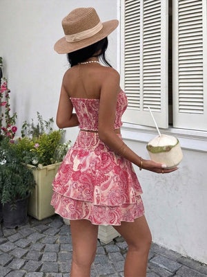 Paisley print smocked crop top and tiered ruffle mini skirt set with frill detail.