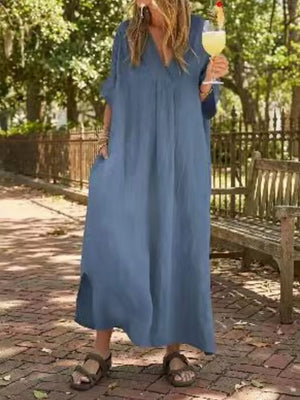 Full Size V-neck Maxi Dress Plus Size in Navy Blue, view 14