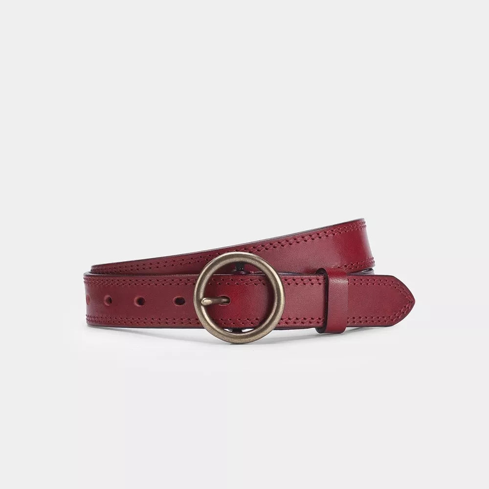 Red leather belt with antique brass round buckle and stitched edges