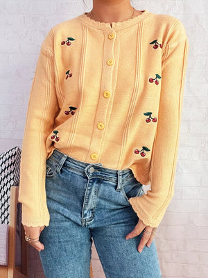 Yellow cherry embroidered button up cardigan with scalloped trim and yellow buttons.
