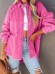 Fuchsia frayed denim overshirt jacket with button front and chest pockets.