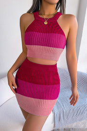 Ribbed halter crop top and mini skirt set in pink and red colorblock.