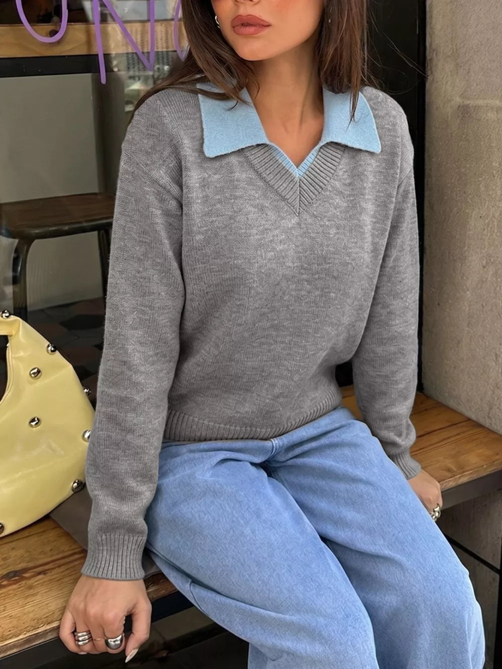Contrast Collar Dropped Shoulder Sweater in Gray, model styling view