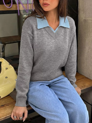 Contrast Collar Dropped Shoulder Sweater in Gray, model styling view