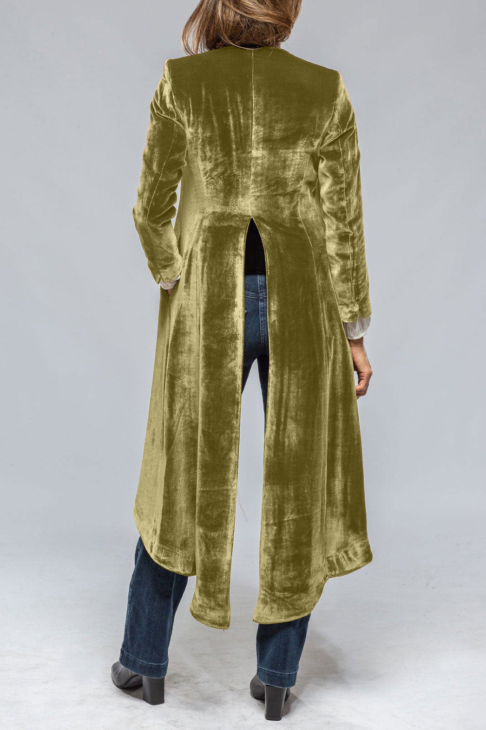 Velvet duster coat in champagne with dramatic split back and long sleeves.
