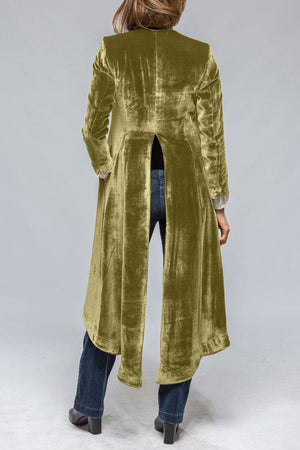 Velvet duster coat in champagne with dramatic split back and long sleeves.