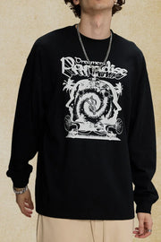 Black long sleeve graphic tee with bold white "Dreamers Paradise" print and abstract design.