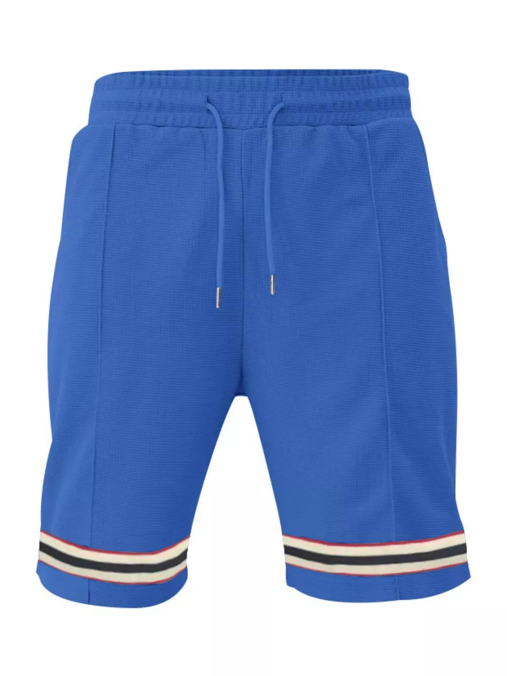 Blue textured knit drawstring shorts with striped cuffs and pockets.