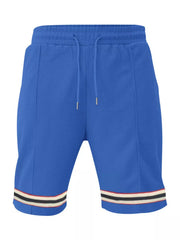 Blue textured knit drawstring shorts with striped cuffs and pockets.