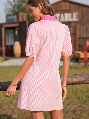 Button-down puff sleeve mini dress in pink and white stripe cotton with a contrast collar.