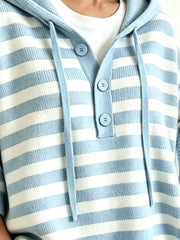 Striped Hooded Sweater With Button Detail in Blue, side view