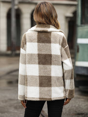 Textured plaid teddy button-up jacket in khaki and white with a fuzzy finish.