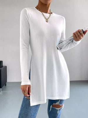 Long Sleeve Side Slit T-shirt in White, front view