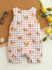 Baby one-piece with duck print on pink gingham, cotton blend, sleeveless, short legs.