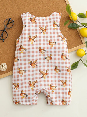 Baby one-piece with duck print on pink gingham, cotton blend, sleeveless, short legs.