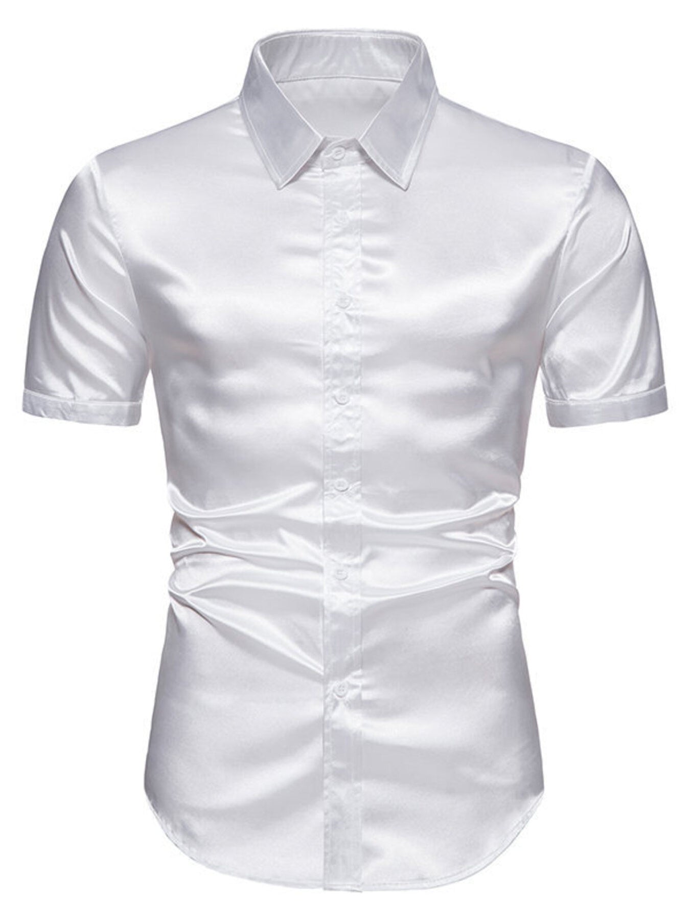 Men's white satin finish short sleeve button-up shirt with ruched sides.