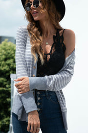Button-front striped ribbed trim cardigan in Cloudy Blue with gold buttons.