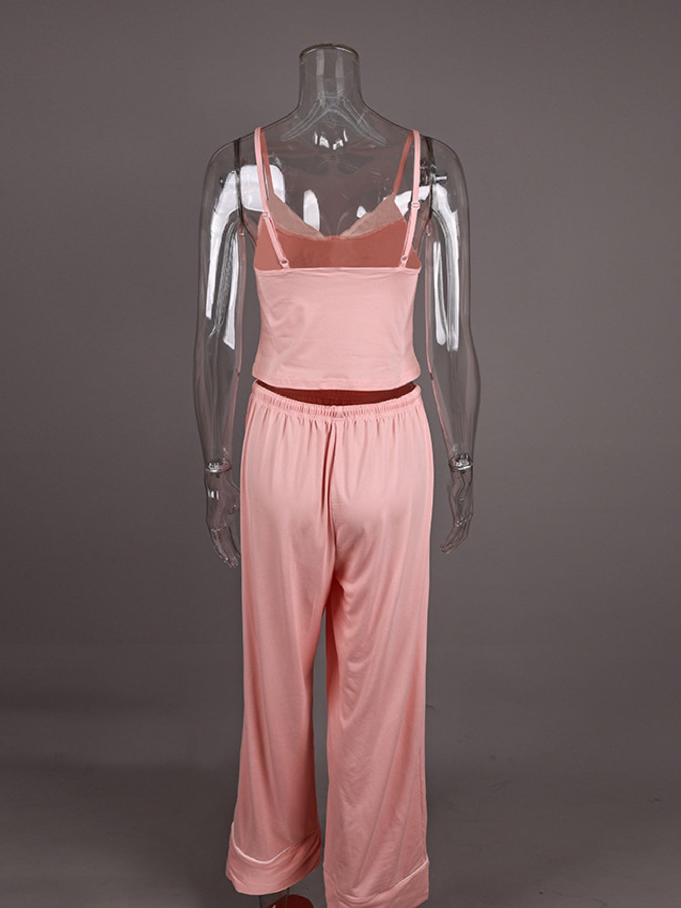Pink lace trim cami and wide leg lounge pants set with satin trim detail