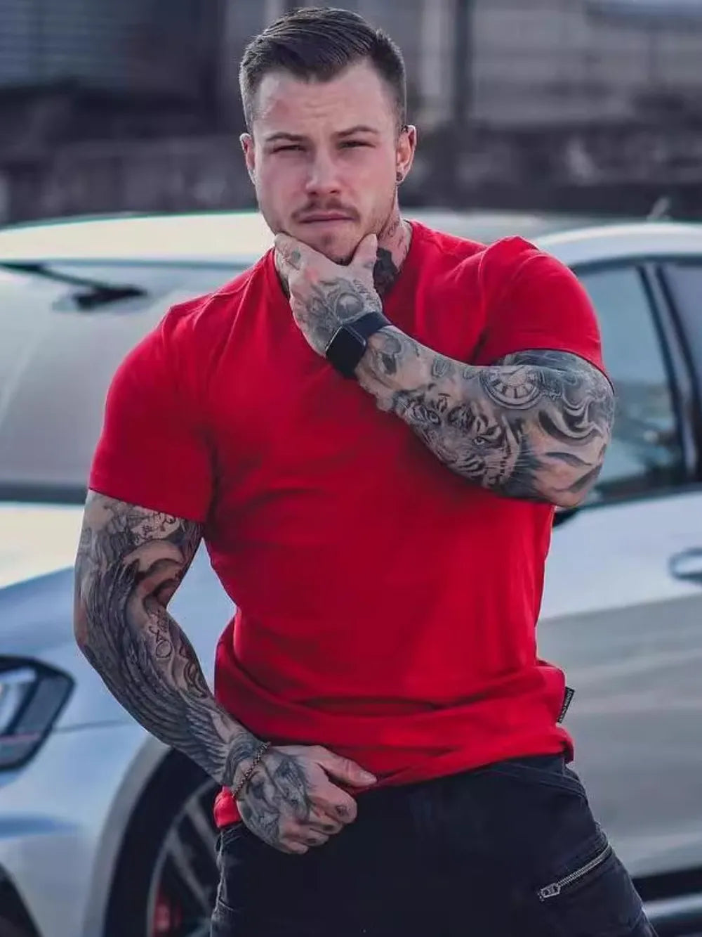 Muscle fit crew neck tee in Deep Red, short sleeves, casual style
