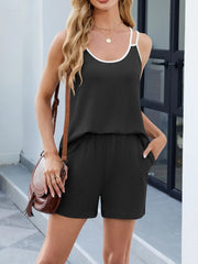 Black ribbed lounge set with contrast trim cami and shorts