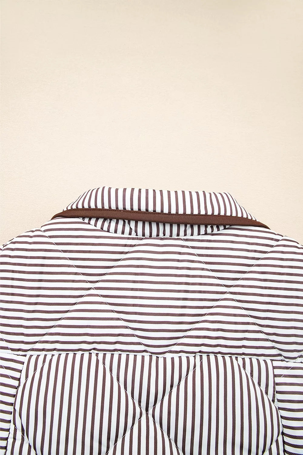 Striped Quilted Snap Button Vest in Dark Brown, fit detail