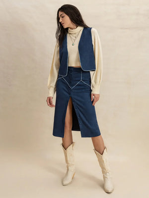 Peacock blue suede vest and button-front midi skirt set with contrast stitching