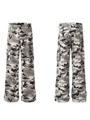 Camouflage utility wide-leg sweatpants with cargo pockets and a checkered detail.