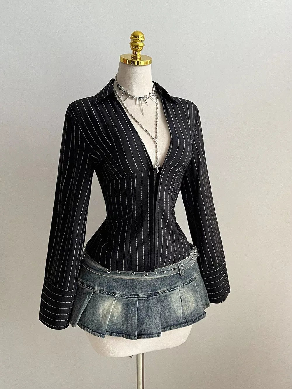 Striped Long Sleeve Fitted Blouse, alternate angle