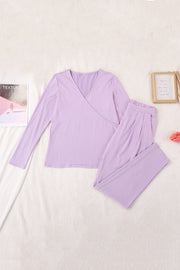 Lavender draped wrap top and pleated trousers set with long sleeves and elastic waistband.