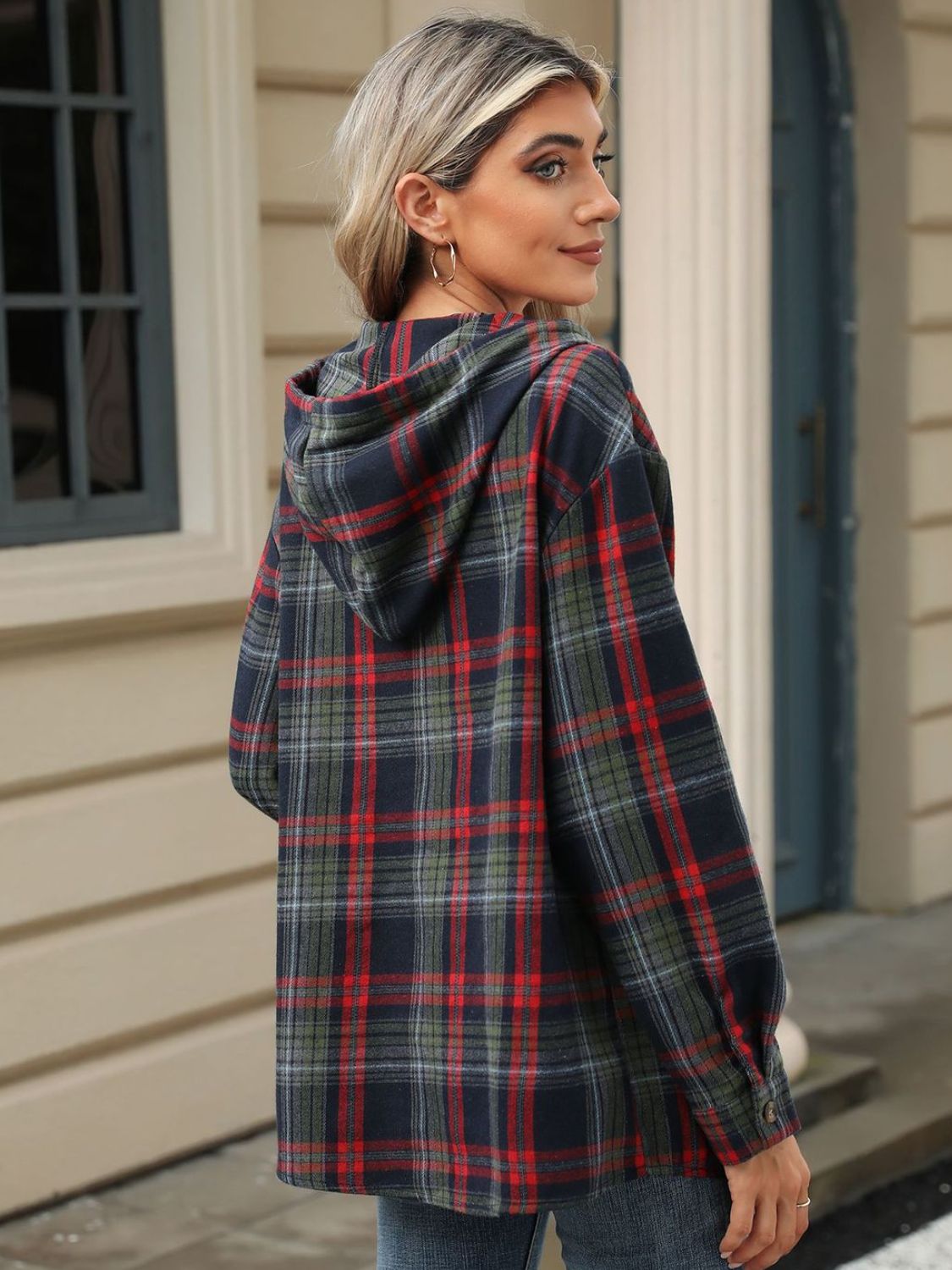 Plaid hooded henley shirt in dark navy with red and green plaid pattern.
