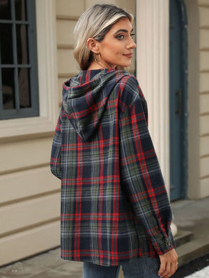 Plaid hooded henley shirt in dark navy with red and green plaid pattern.