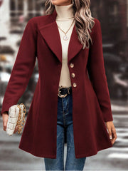Burgundy wool blend coat with flared hemline, button closure, and notched lapels.