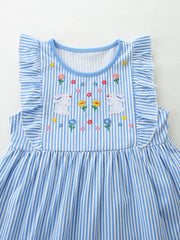 Blue striped cotton toddler dress with embroidered bunnies and flowers, featuring ruffle sleeves.