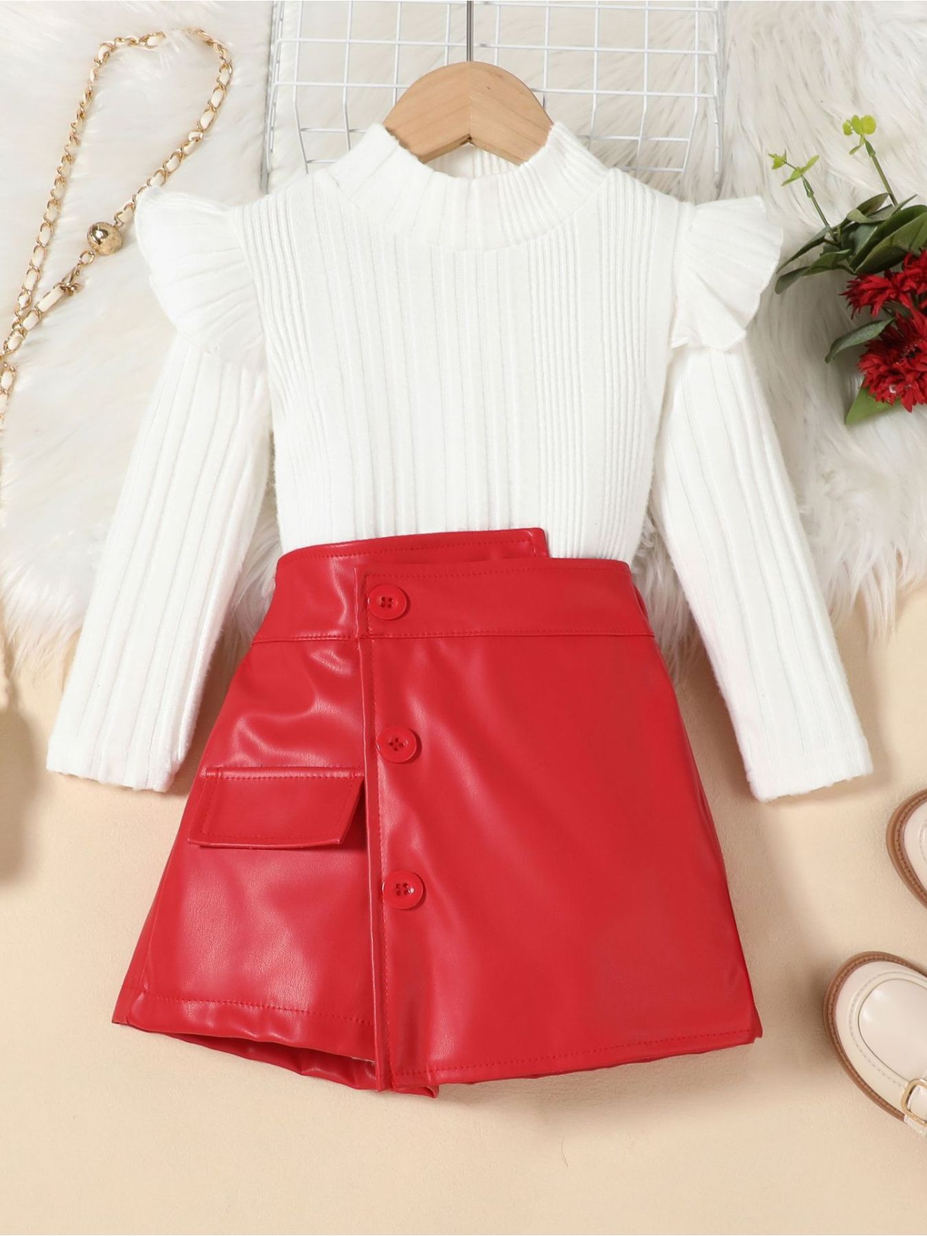Baby red leather skirt with button details and white ribbed knit top with ruffled shoulders.