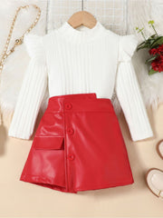 Baby red leather skirt with button details and white ribbed knit top with ruffled shoulders.
