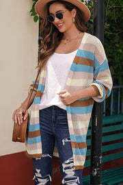 Multicolor open knit duster cardigan with horizontal stripes and a relaxed fit.