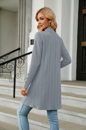 Light blue textured knit open-front duster cardigan with button detail on sleeve