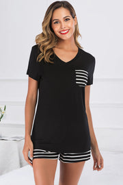 Black V-neck lounge set with striped pocket and shorts.
