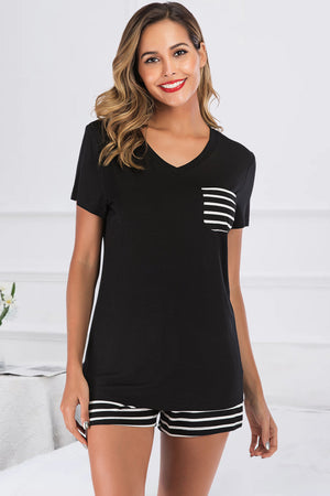 Black V-neck lounge set with striped pocket and shorts.