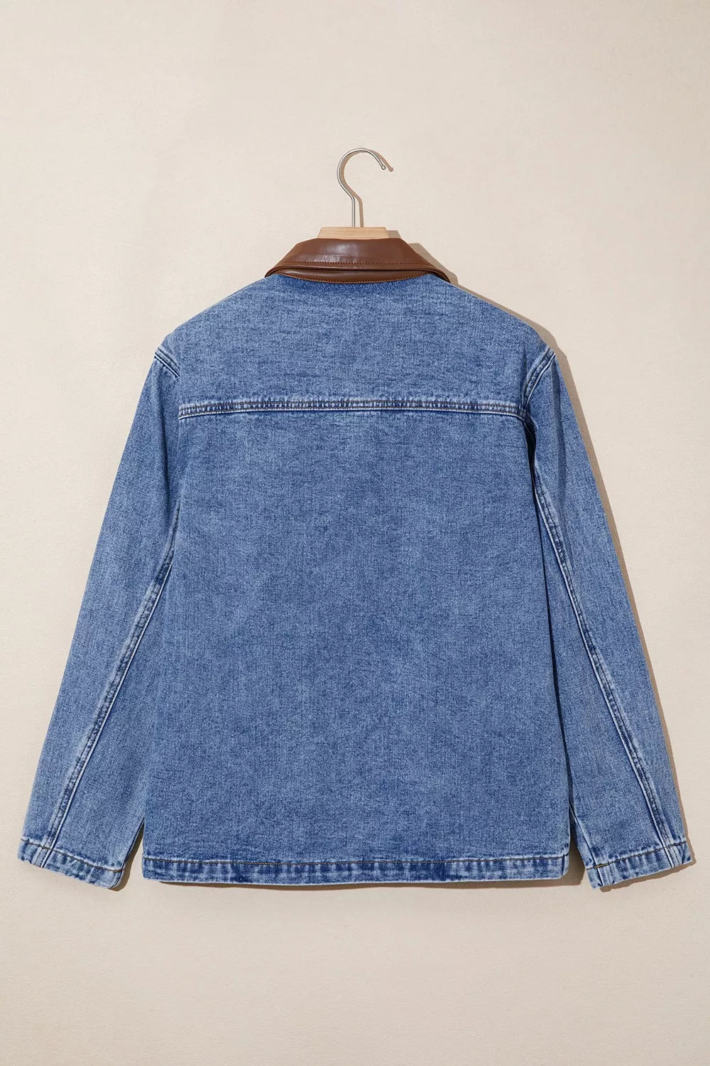 Patchwork Leather Collar Denim Jacket in Dusty Blue, model styling view
