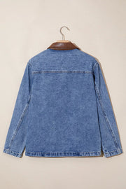 Patchwork Leather Collar Denim Jacket in Dusty Blue, model styling view