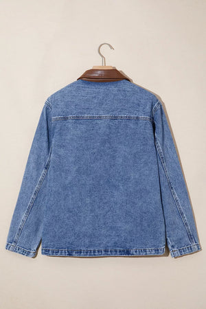 Patchwork Leather Collar Denim Jacket in Dusty Blue, model styling view